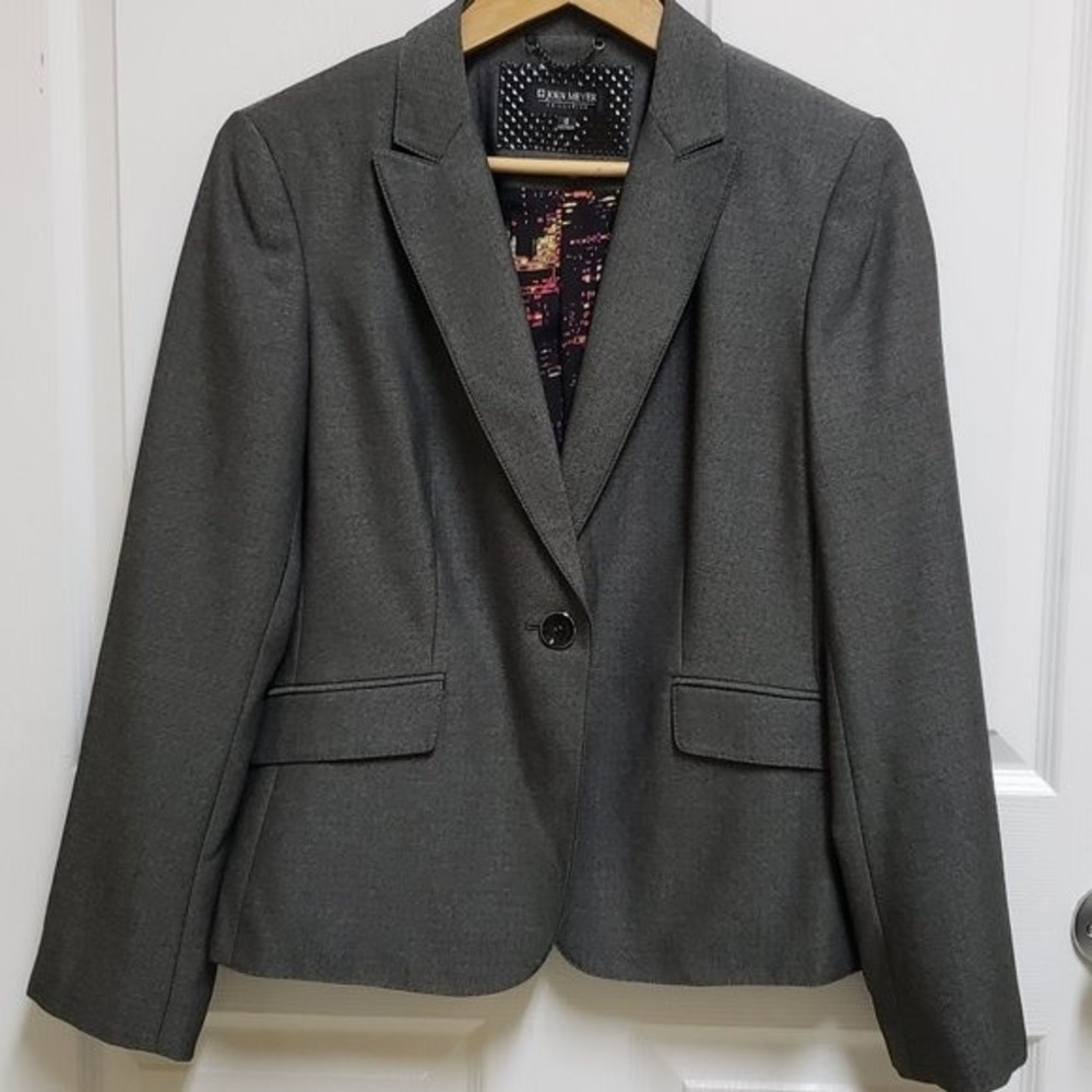 John Meyer Blazer Womens 10 Gray Herringbone 1 Button Vent Career Neutral
